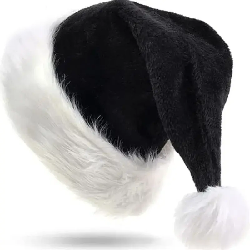 45cm Christmas Cap Adult Santa Hat Black Plush Christmas Hat Long Christmas Hat Xmas Costume Pompom Santa Claus Cap
