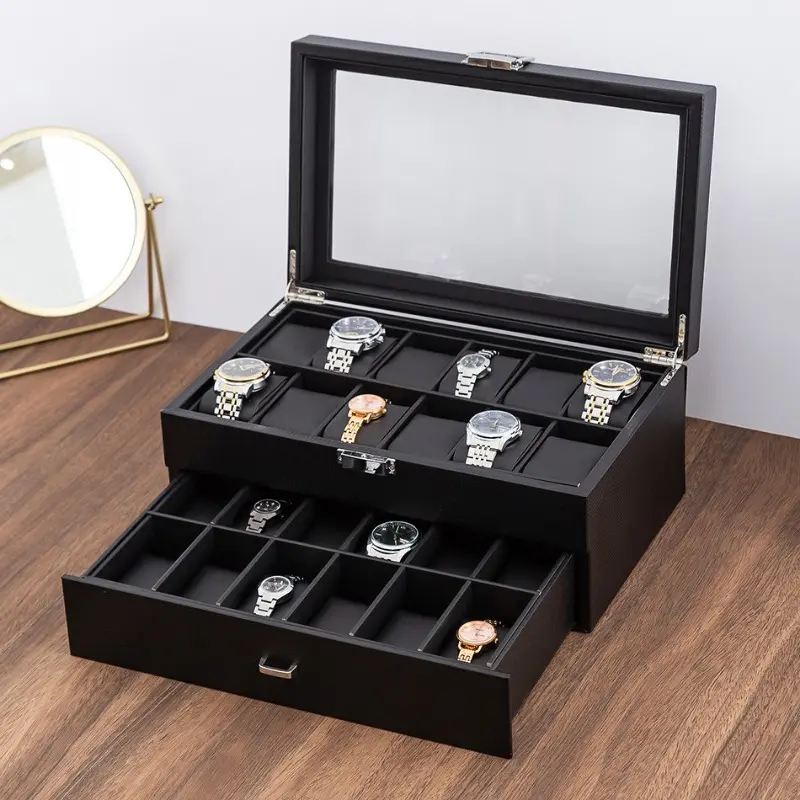 24 Digits Watch Organizer Storage Boxes for Travel Watches Pu Leather Display Multi-Purpose Storage Box for Watch and Jewelry