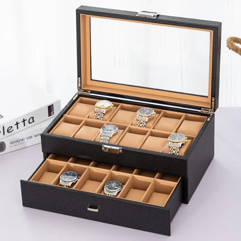 24 Digits Watch Organizer Storage Boxes for Travel Watches Pu Leather Display Multi-Purpose Storage Box for Watch and Jewelry