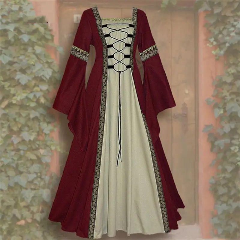 European and American Retro Square Neck Trumpet Sleeve Long Dress Gothic Retro Women's Medieval Court Robe Plus Size