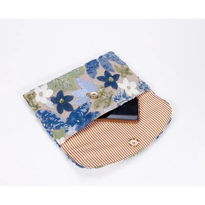 Ladies' Cotton and Linen Envelope Bag with Sequin Embroidery Evening Party Handbag Floral Pattern Ladies' Daily Casual Wallet