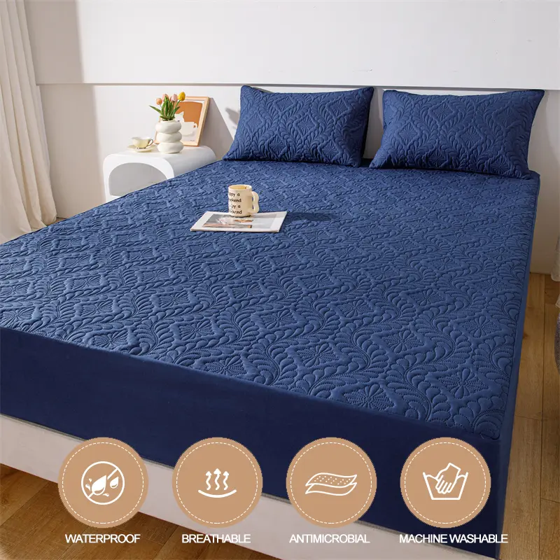 Hypoallergenic Waterproof Mattress Protector - Breathable Anti-Mite & Anti-Bacterial Mattress Cover, Single/Double, Navy blue