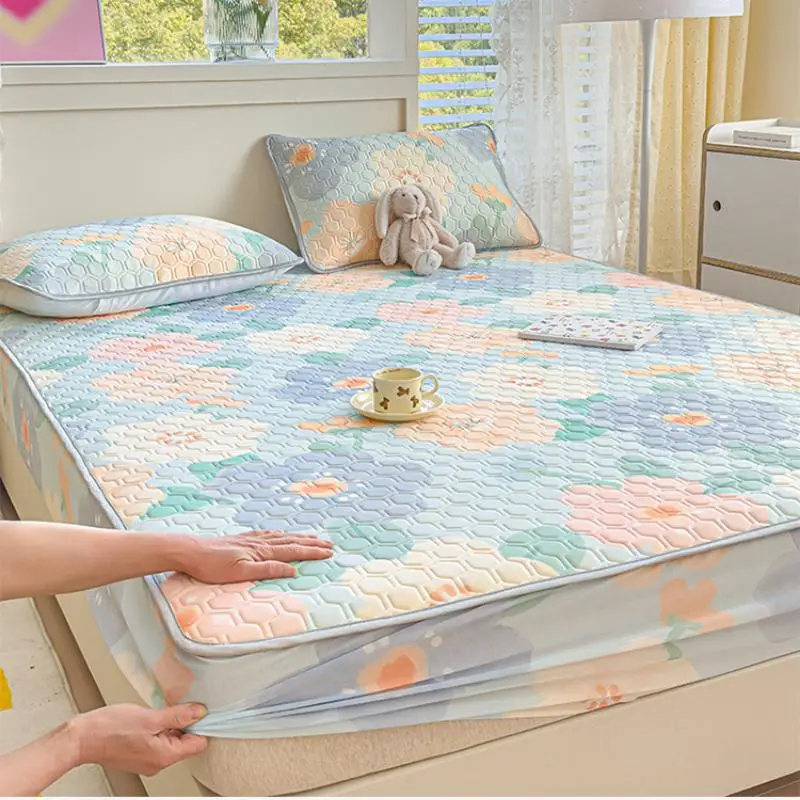 2/3Pcs Bed Fitted Sheet Set with Pillowcases, Cool Silk Latex Cooling Summer Thick Ice Silk Fitted Sheet for Single Double Bed