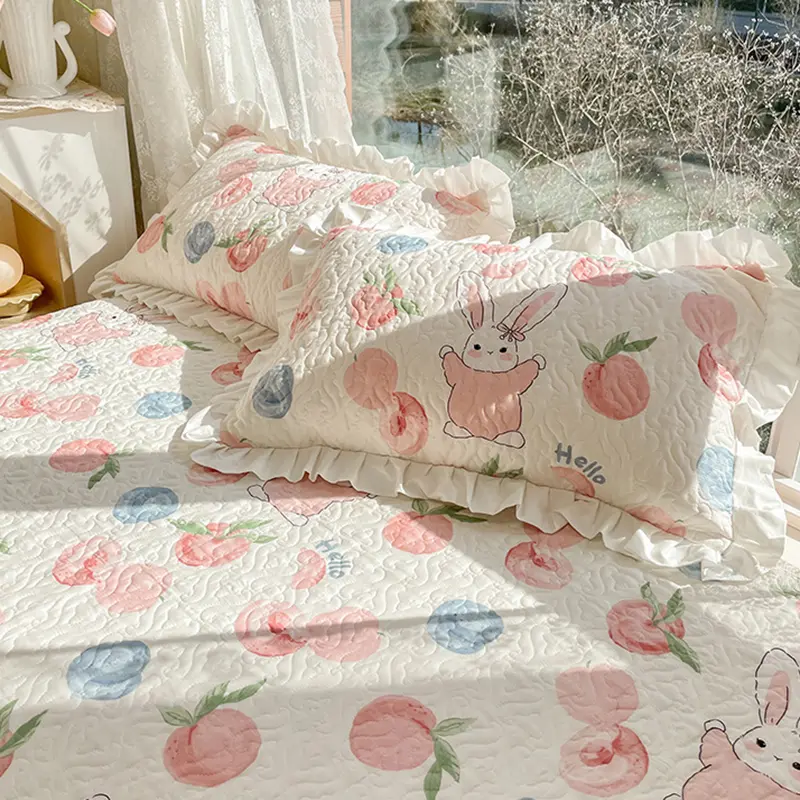 3 Pcs Set Korea Style Quilted Coverlet Set Ruffles Queen Size Bed Spread and Pillowcase Home Bed Cover