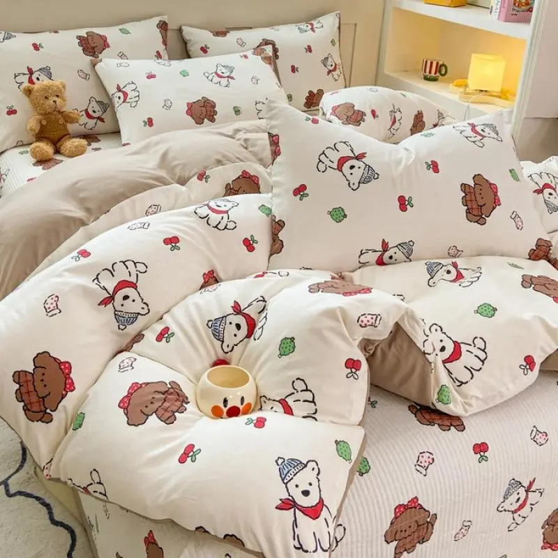 Plant Floral Duvet Cover 3 Piece Set, Cute Cartoon Cat Pattern Bedding Set, Women Kids Girls Bedroom Decorative Pink Quilt Cover