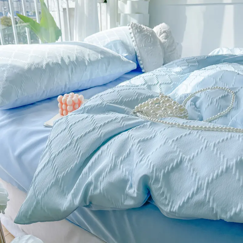 Korean Solid Color Square Jacquard Bedding Sets Comfortable Naked Sleep Summer Bed Linens Romantic Comforter Set for Girls