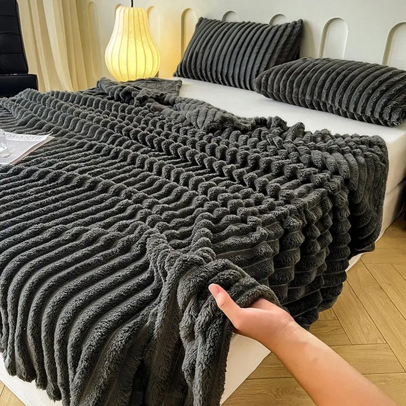 Fluffy Flannel Blankets,Stripe Coral Fleece Throw,Sofa Bed Cover Bedspread Soft Plaid Office Home Blankets Summer Quilt 150*200