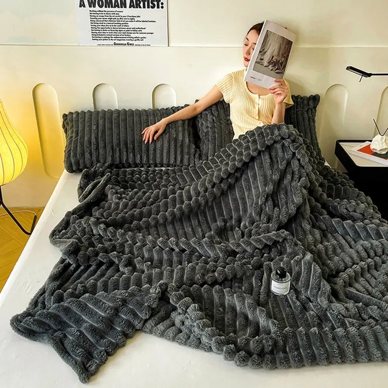 Fluffy Flannel Blankets,Stripe Coral Fleece Throw,Sofa Bed Cover Bedspread Soft Plaid Office Home Blankets Summer Quilt 150*200