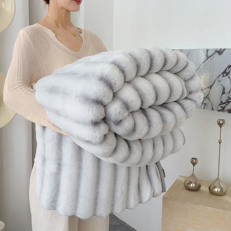 150*200cm Grey Stripe Imitation Rabbit Velvet Blanket,Soft Summer Quilt Single Autumn Winter Warm Flannel Fleece Throw Bed Cover