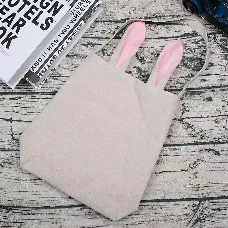 Jute Rabbit Gift Bag Happy Easter Blanks Rabbit Ears Pink Bunny Basket For Egg Birthday Party Favor Cloth Bag For Kids Boys 1pc