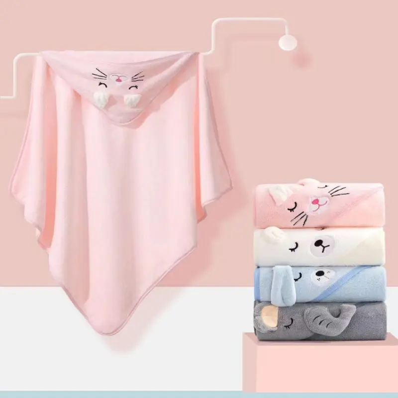 Hot Selling Cartoon Animal Baby Bath Towel With Hood, Children's Soft Fast Absorbent Coral Velvet Bathrobe Wrap Blanket White