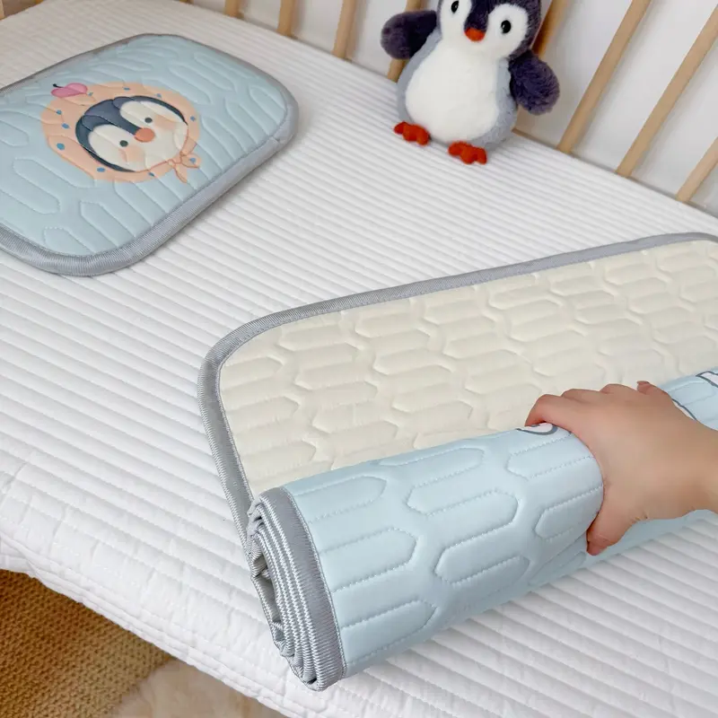 2pcs Summer Cooling Viscose Fiber Latex Mat Set for Kids,Cute Penguin Bed Sheet Pad,Foldable Baby Girl Boy Home Textile,60x120