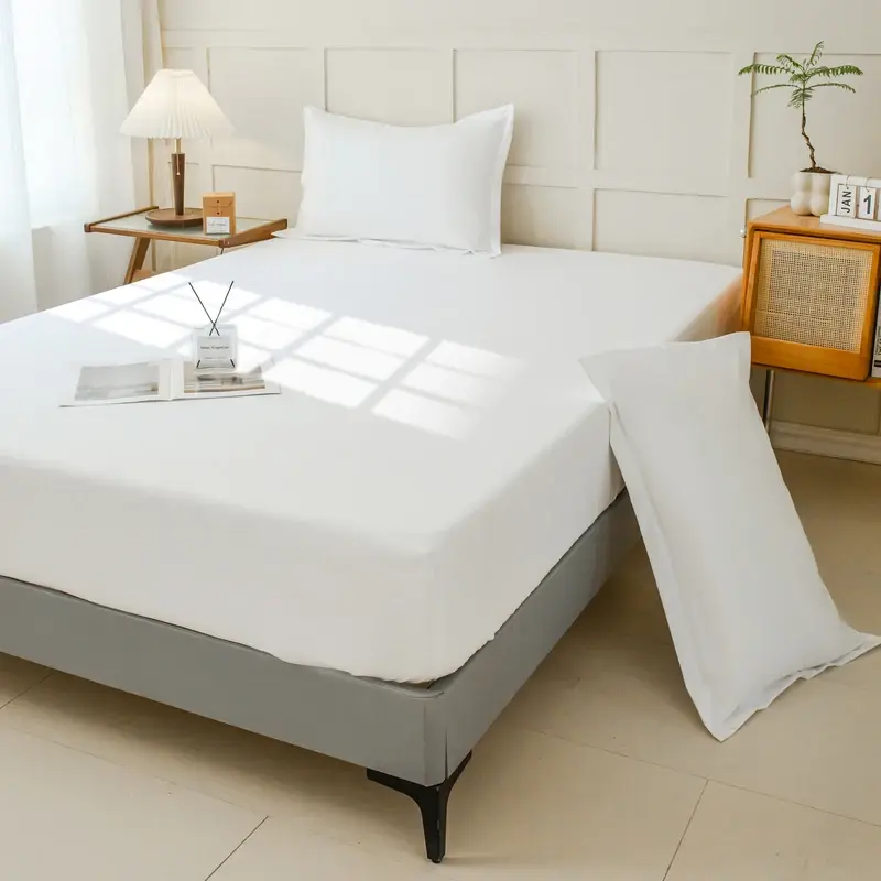 Solid Color Waterproof Bed Fitted Sheet and Pillowcase Set,Stain-Resistant Barrier for Mattress and Pillows, Machine Washable