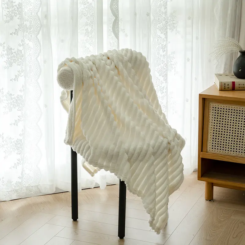 Solid Color Striped Milk Velvet Plush Throw Cover,Ultra-Soft Fleece Blanket, Perfect Gift Idea for Adults, Kids, Dorms, Travel