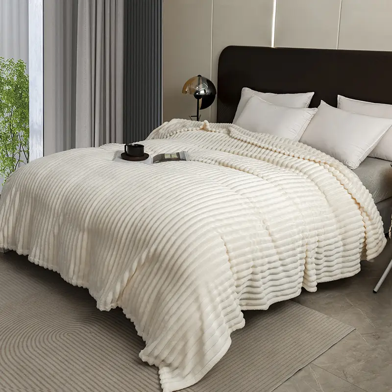 Solid Color Striped Milk Velvet Plush Throw Cover,Ultra-Soft Fleece Blanket, Perfect Gift Idea for Adults, Kids, Dorms, Travel