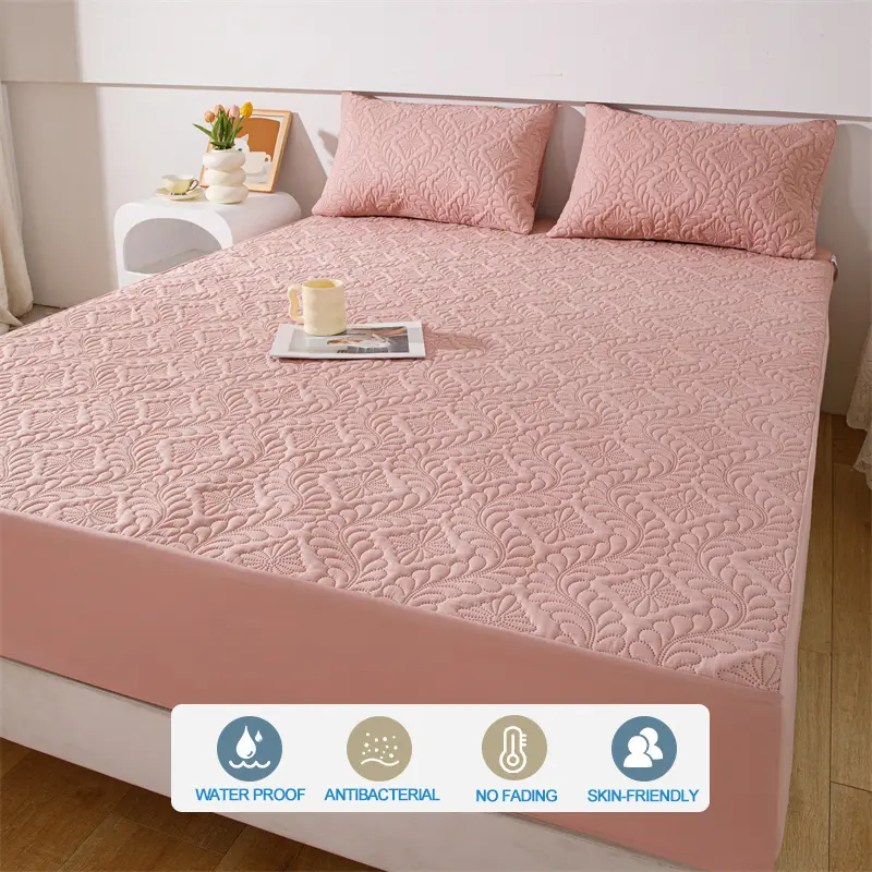 Waterproof Mattress Cover Hypoallergic Breathable Mattress Protector Anti-mite Anti-bacterial Fitted Bed Sheet, Pink