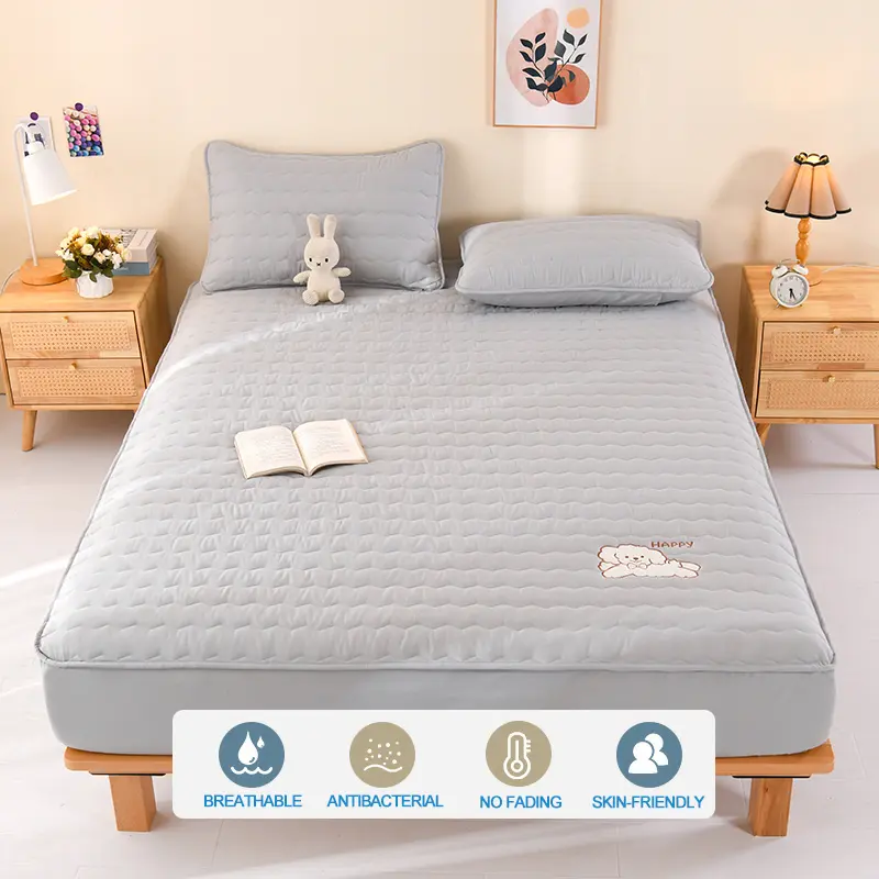 Luxury Embroidery Hypoallergenic Mattress Cover Breathable Mattress Protector Anti-mite Anti-bacterial Fitted Bed Sheet,Grey