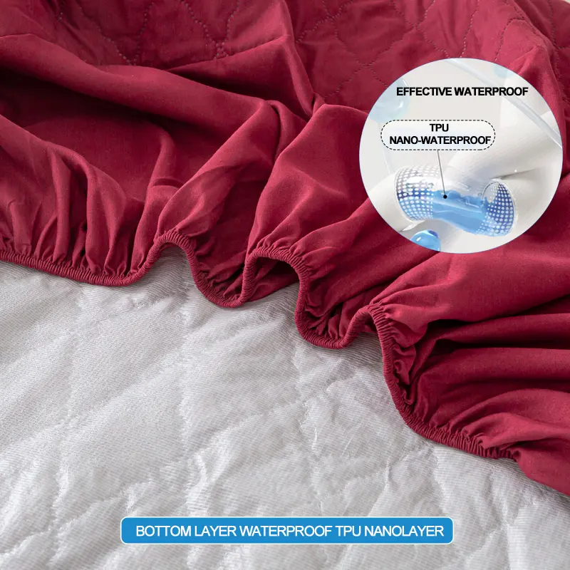 Waterproof Mattress Protector - Hypoallergenic Mattress Cover, Soft & Noiseless, Bed Sheet, Anti-Slip & Washable,Wine red