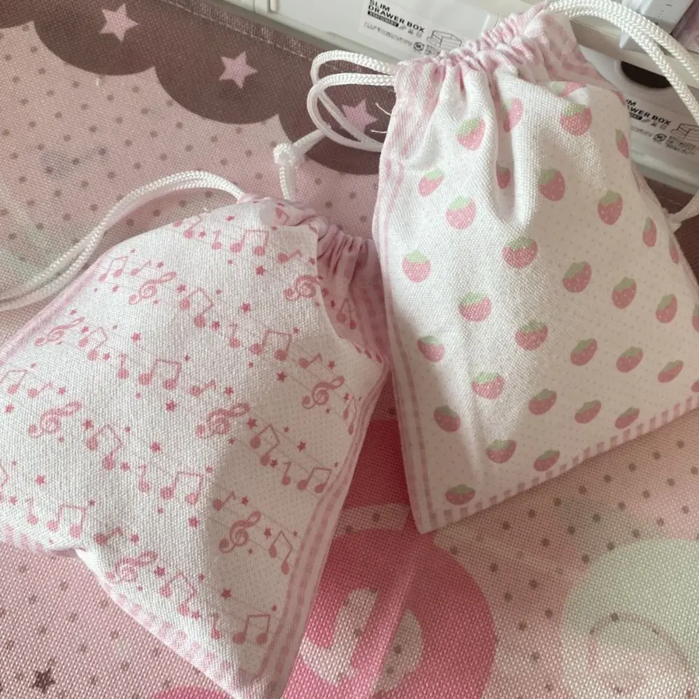 New Strawberry Musical Note Drawstring Bag Canvas Large Capacity Coin Purse Gift Cartoon Makeup Storage Pouch