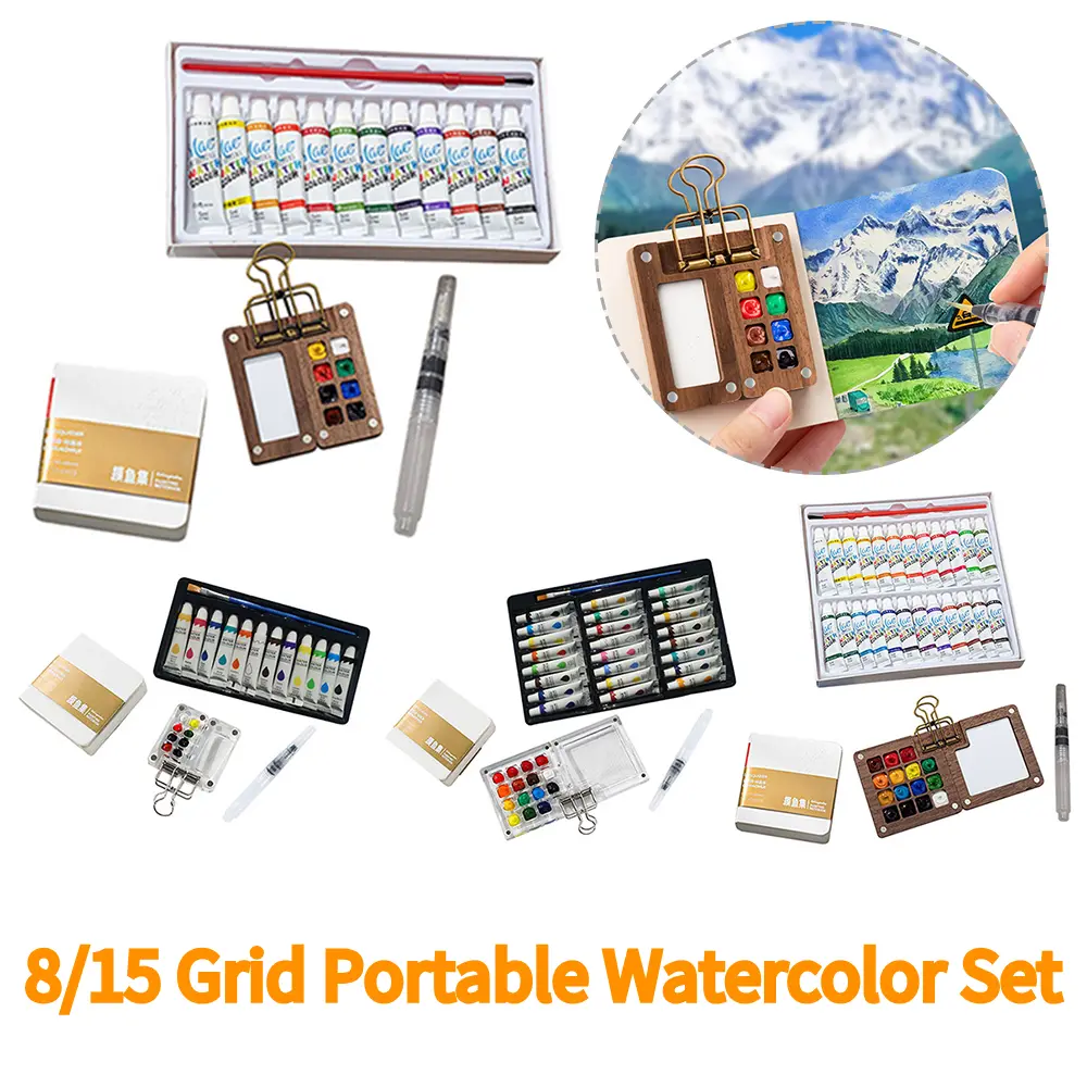 Travel Paint Palette Watercolor Palette Set with Clip Portable Watercolor Set Wooden Grid Paint Box Gift for Artists Students