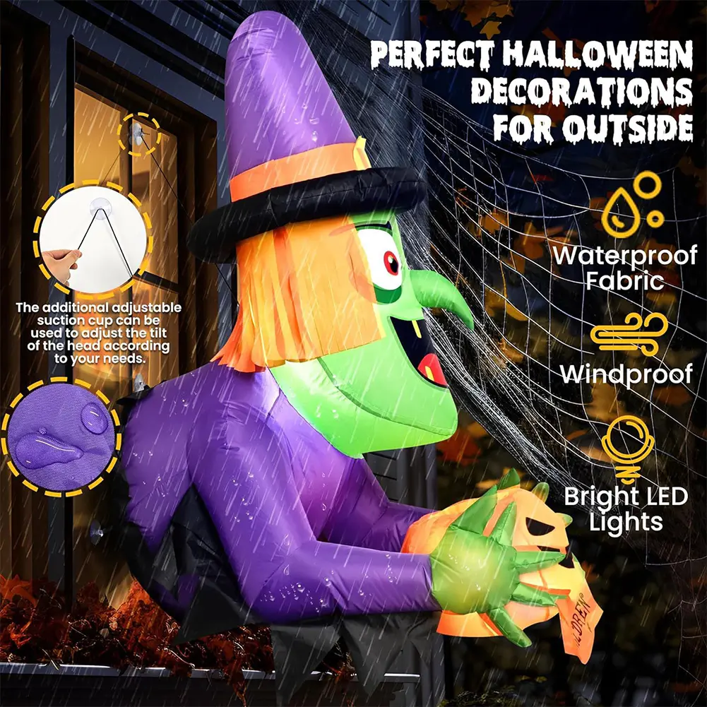 4.4 FT Halloween Inflatables Halloween Window Decorations with Witch Holding Pumpkin Design for Haunted Houses Halloween Parties