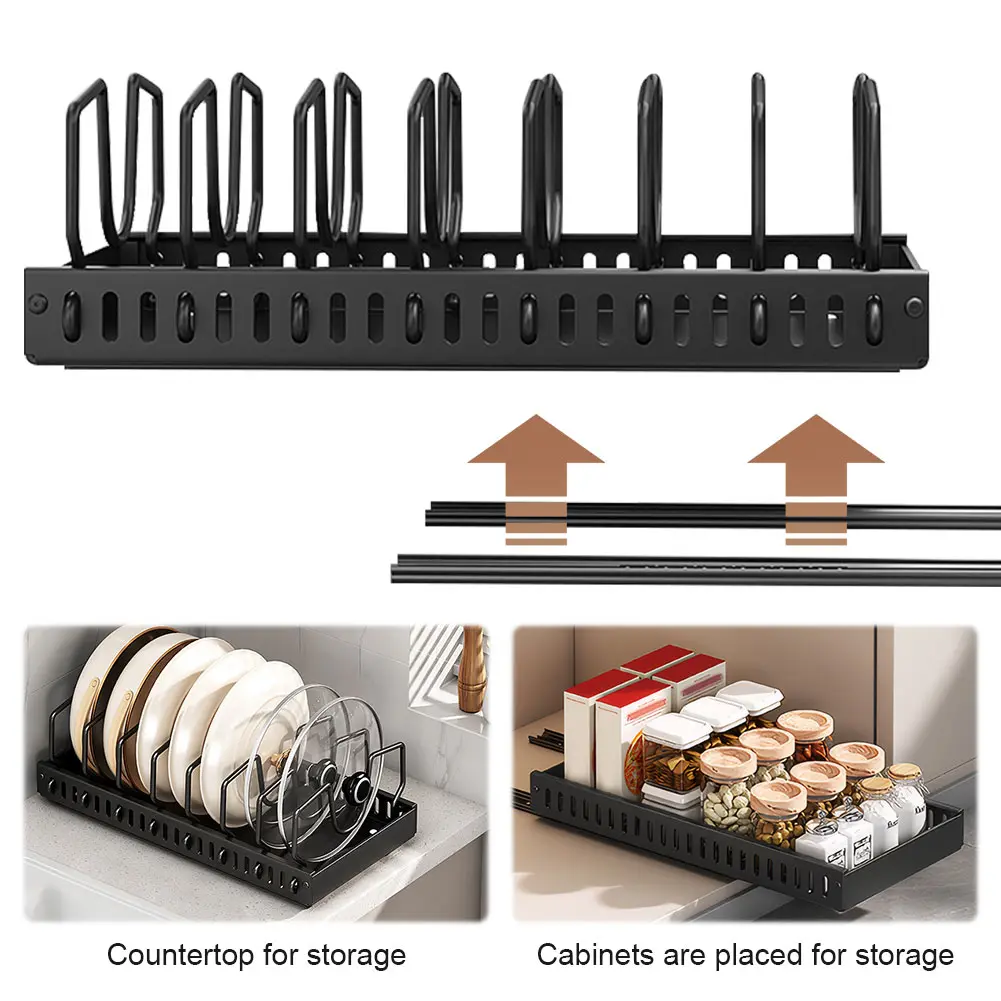 Sliding Lid Holder Pan Rack with 8 Adjustable Dividers Slide Out Pot Pan Organizer for Pot Lid Bakeware Dishes
