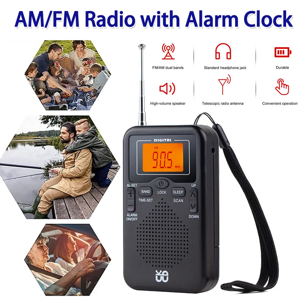 AM FM Radio LCD Display Pocket Radio with Alarm Clock for Indoor Outdoor and Emergency Use