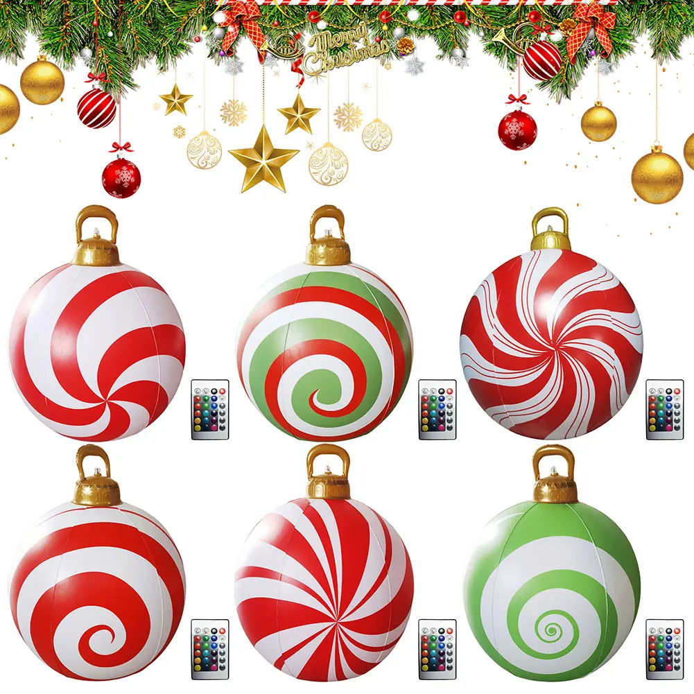 60cm Giant Christmas Inflatable Print Ball with Lights Outdoor Large Glitter Decorated Ball Outdoor Xmas Inflatable Decor Ball