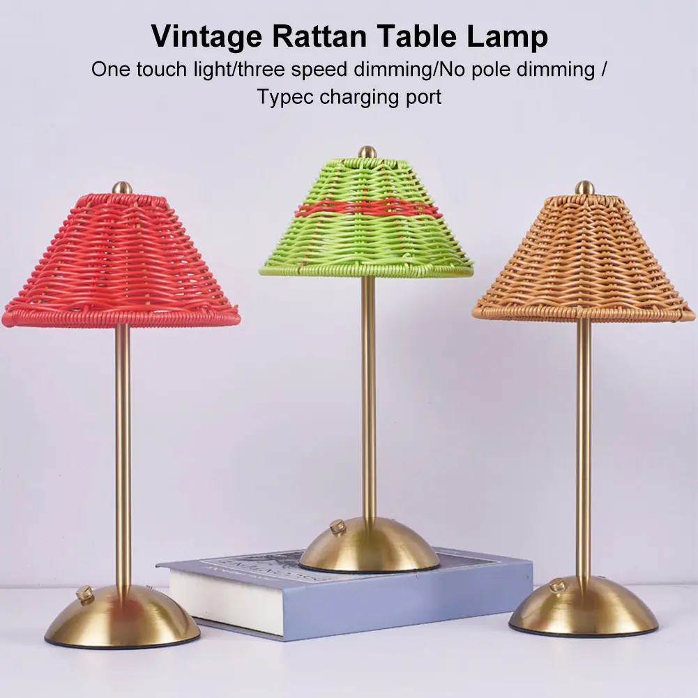 Cordless LED Table Lamp 3 Color Stepless Dimmable Touch Control Rattan Table Lamps Touch Ambient Light for Dining Patio Bathroom