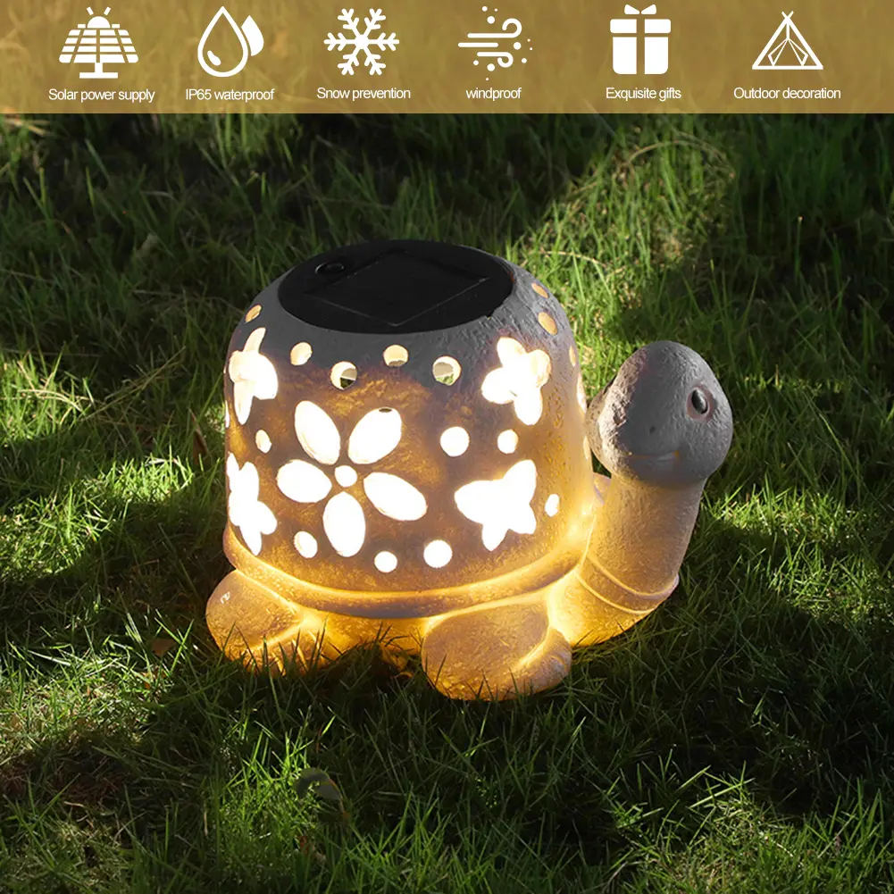 Solar Turtle Statue Light Cartoon Turtle Statue Auto On/Off Resin Turtle Figurine Multi-Function Hollow Out for Outdoor Decor