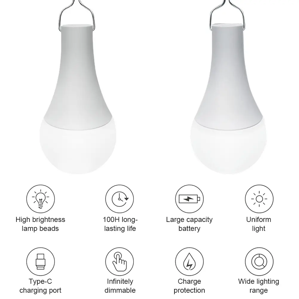 Type C Rechargeable Light Bulbs Rechargeable Battery Light Bulbs Hanging LED Light Bulb Hanging Tent Light for Home Power Outage