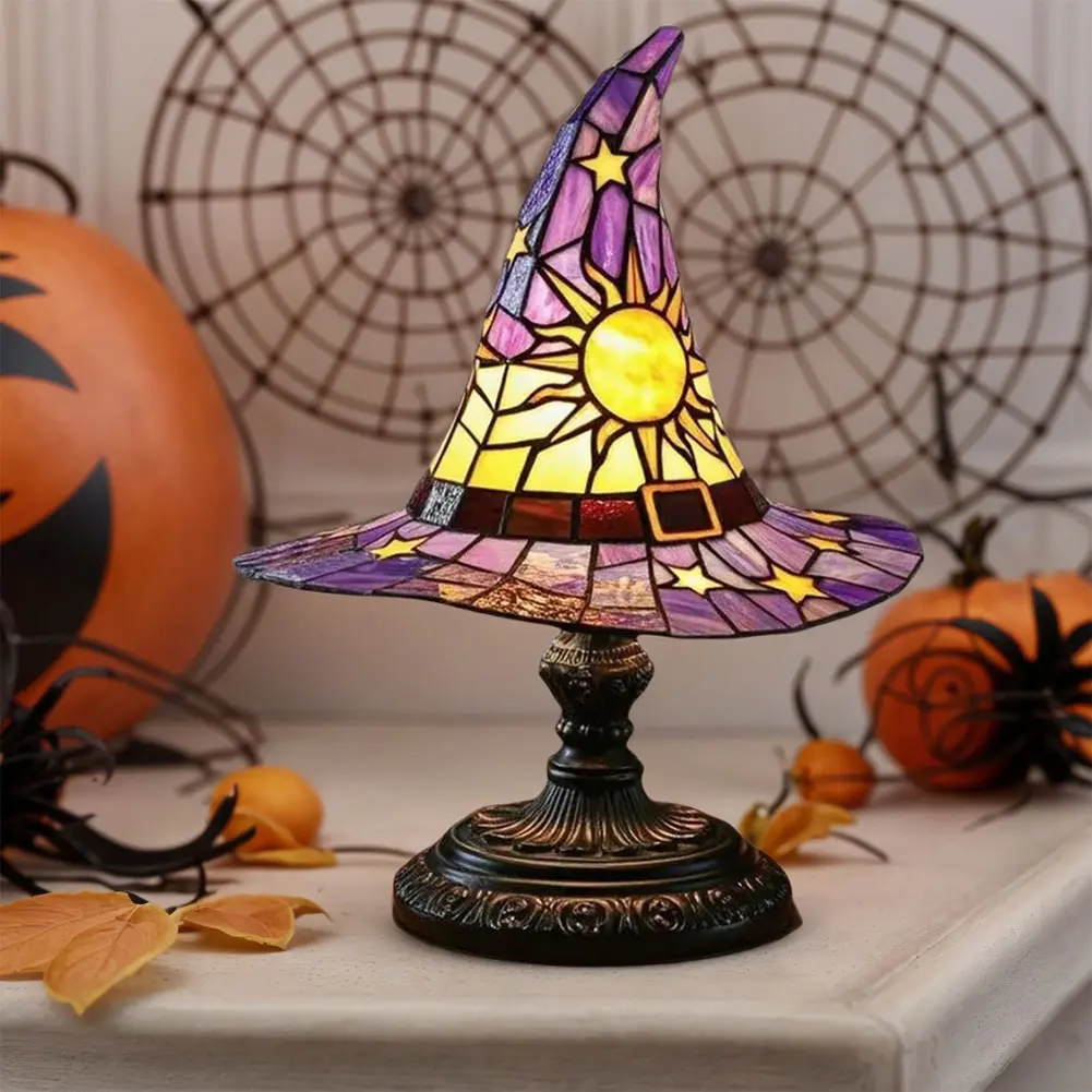 Stained Glass Witch Hat Lamp LED Creative Table Lamp USB Powered Night Light for Living Room Home Bedroom Decoration