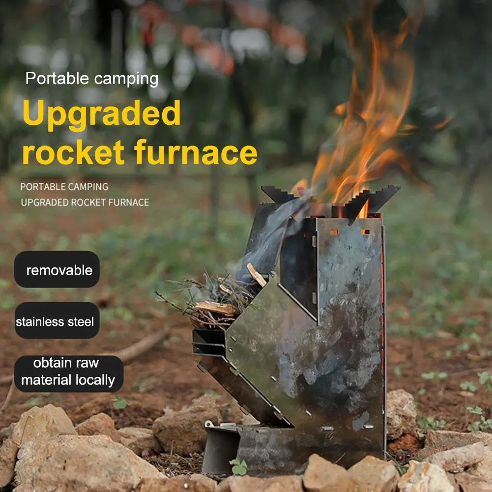Portable Detachable Wood Burner BBQ Rocket Stove Stainless Steel Outdoor Wood Burning Backpacking Camp Tent Stove for Picnic BBQ