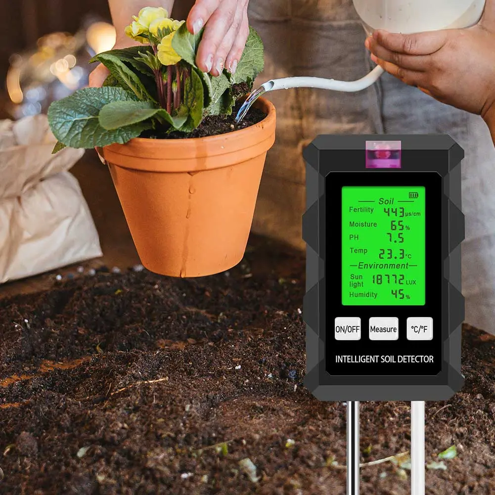 6 in 1 Soil Tester Digital PH Meter LCD Display Soil Thermometer Multi-Function Temperature Humidity Tester for Potted Plants