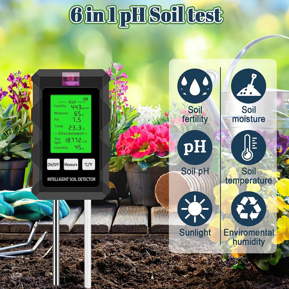 6 in 1 Soil Tester Digital PH Meter LCD Display Soil Thermometer Multi-Function Temperature Humidity Tester for Potted Plants