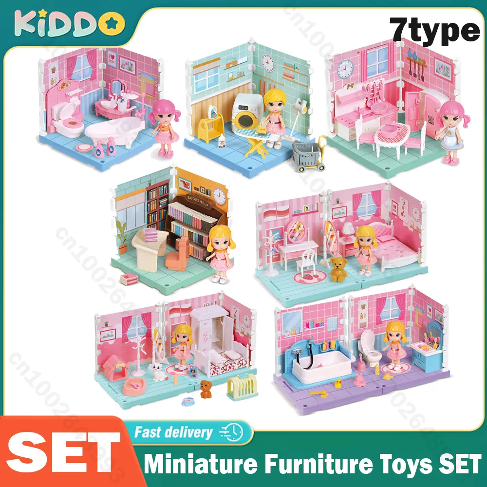 Dollhouse Miniature Furniture Toys Set DIY Kitchen Bedroom Living Room Kids Girls Pretend Play Furniture Toys for Christmas