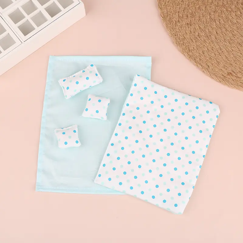 1Set 1:12 Dollhouse Miniature Bed Four Piece Bed Set Bed Sheet Quilt Pillow Quilt Cover Bedroom Bedding Model Decor Toy
