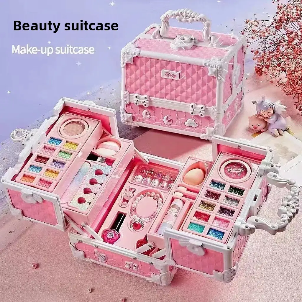 Portable Princess Makeup Toy Set for Girls Pretend Play Cosmetic Kit Children's Gift Hairbrush And Jewelry Included