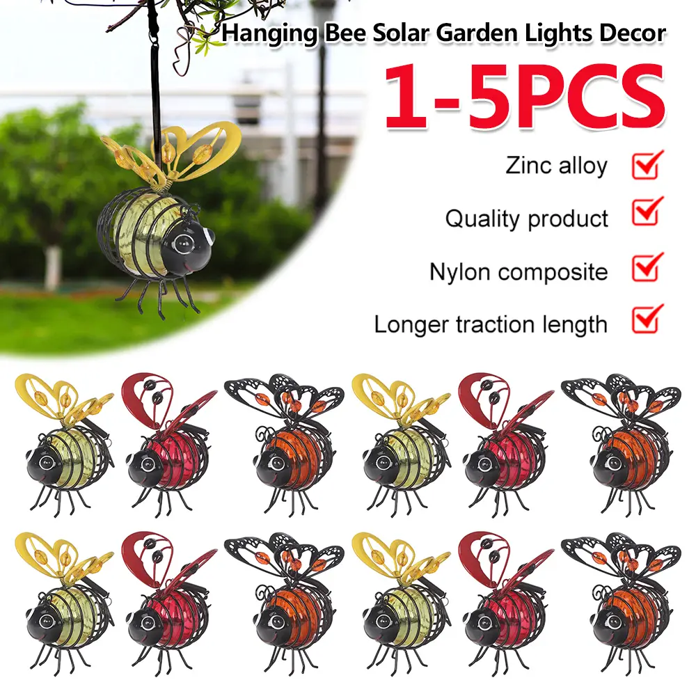 1-5Pc Solar Iron Insect Statue with LED Light Metal LED Outside Bugs Hanging Flying Insects Lamp for Patio Balcony Yard Ornament