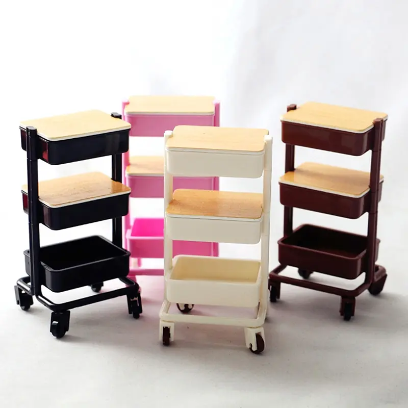1:12 Dollhouse Trolley Dining Cart With Wheel Storage Shelf Model Kitchen Furniture Accessories For Doll House Decor Toy Gift