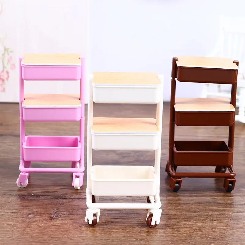 1:12 Dollhouse Trolley Dining Cart With Wheel Storage Shelf Model Kitchen Furniture Accessories For Doll House Decor Toy Gift