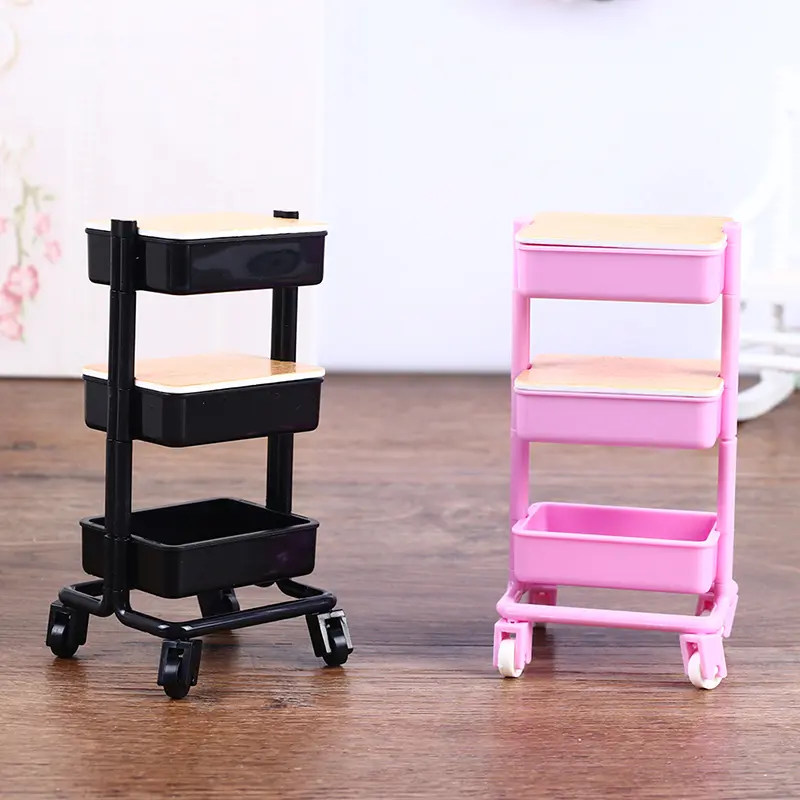1:12 Dollhouse Trolley Dining Cart With Wheel Storage Shelf Model Kitchen Furniture Accessories For Doll House Decor Toy Gift