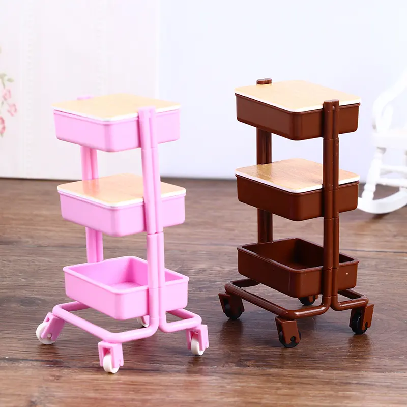 1:12 Dollhouse Trolley Dining Cart With Wheel Storage Shelf Model Kitchen Furniture Accessories For Doll House Decor Toy Gift