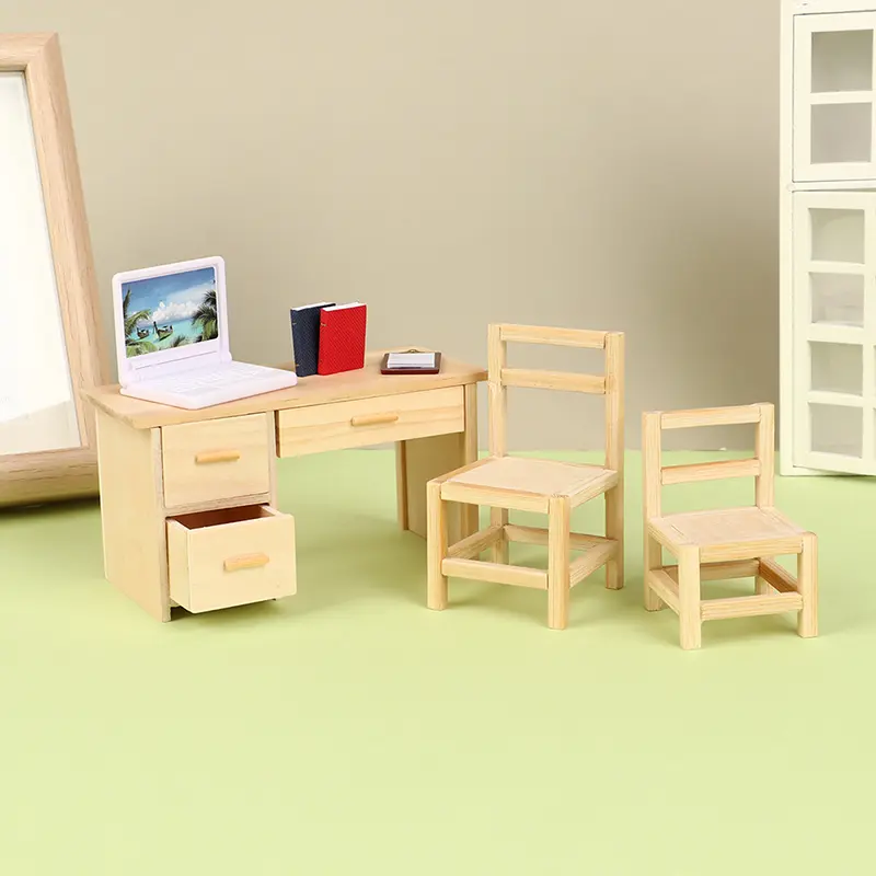 1/12 Dollhouse Wooden Desk Decoration Simulated Mini Desk Chair Furniture Model Toy Writing Study Desk School Desk For Dolls