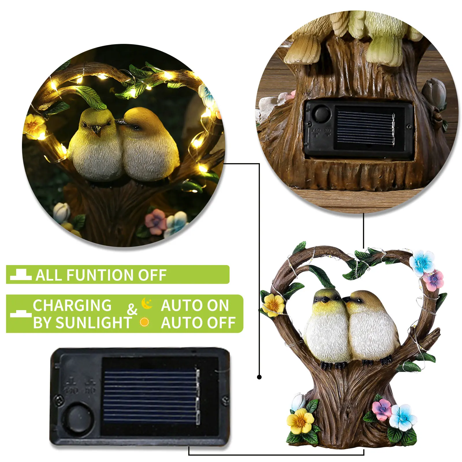 Birds Statue Cute Animal Figurine with Solar Powered Light Garden Sculptures Lawn Ornaments for Outdoor Garden Patio Yard Porch