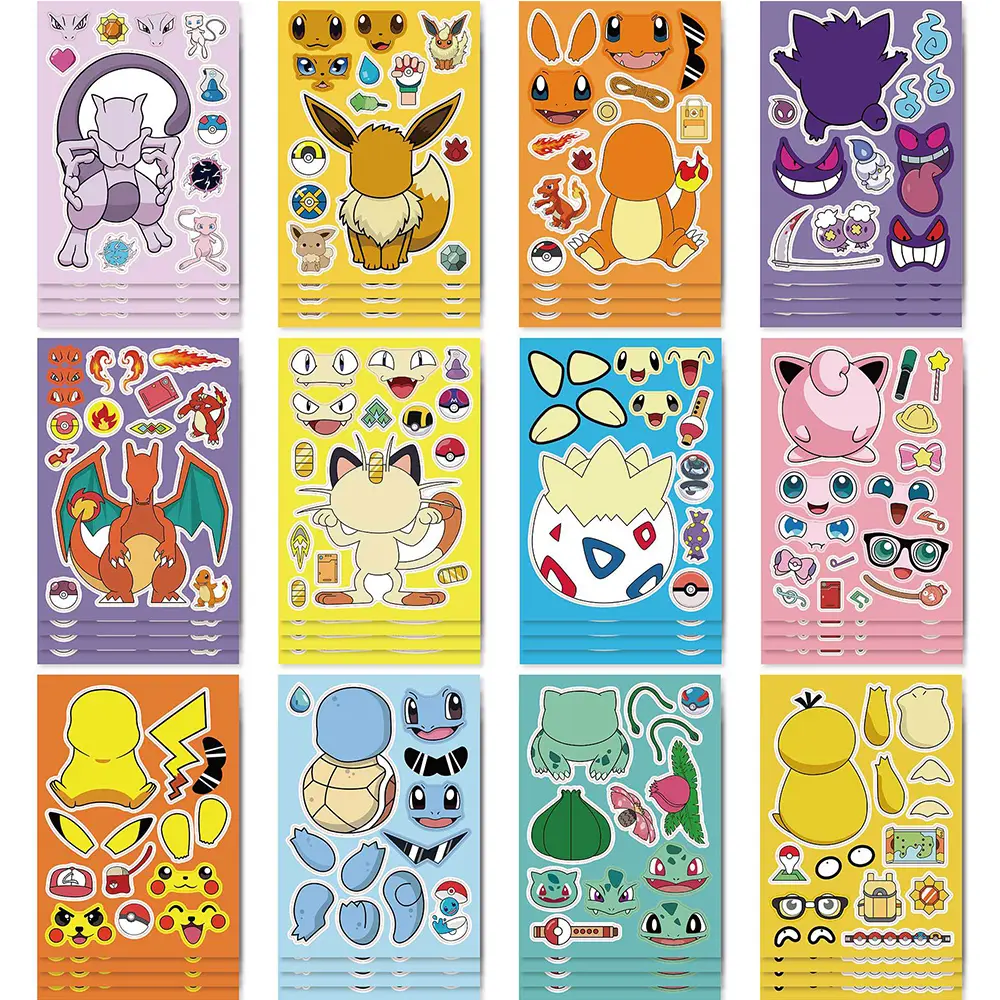 6/8/12/16Sheets Pokemon Puzzle Stickers Children Make a Face Pikachu Gengar Anime Assemble Jigsaw Kid DIY Game Party Decoration