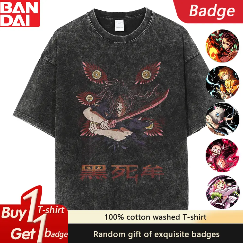 Demon Slayer Kokushibo Anime Printed Washed T-shirt Summer New Pure Cotton Men's and Women's Loose Casual Short Sleeved Top