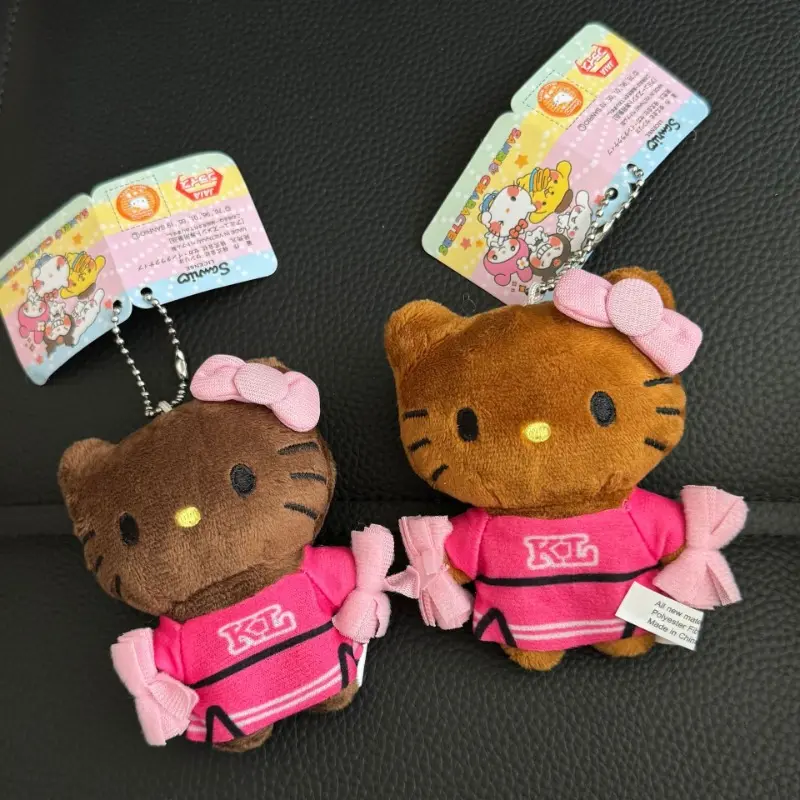 Sanrios Cute Black Leather Cheerleading Hellokittys Bag Pendant Plush Doll Girl Cartoon Doll Toy Keychain DIY Decoration Gift
