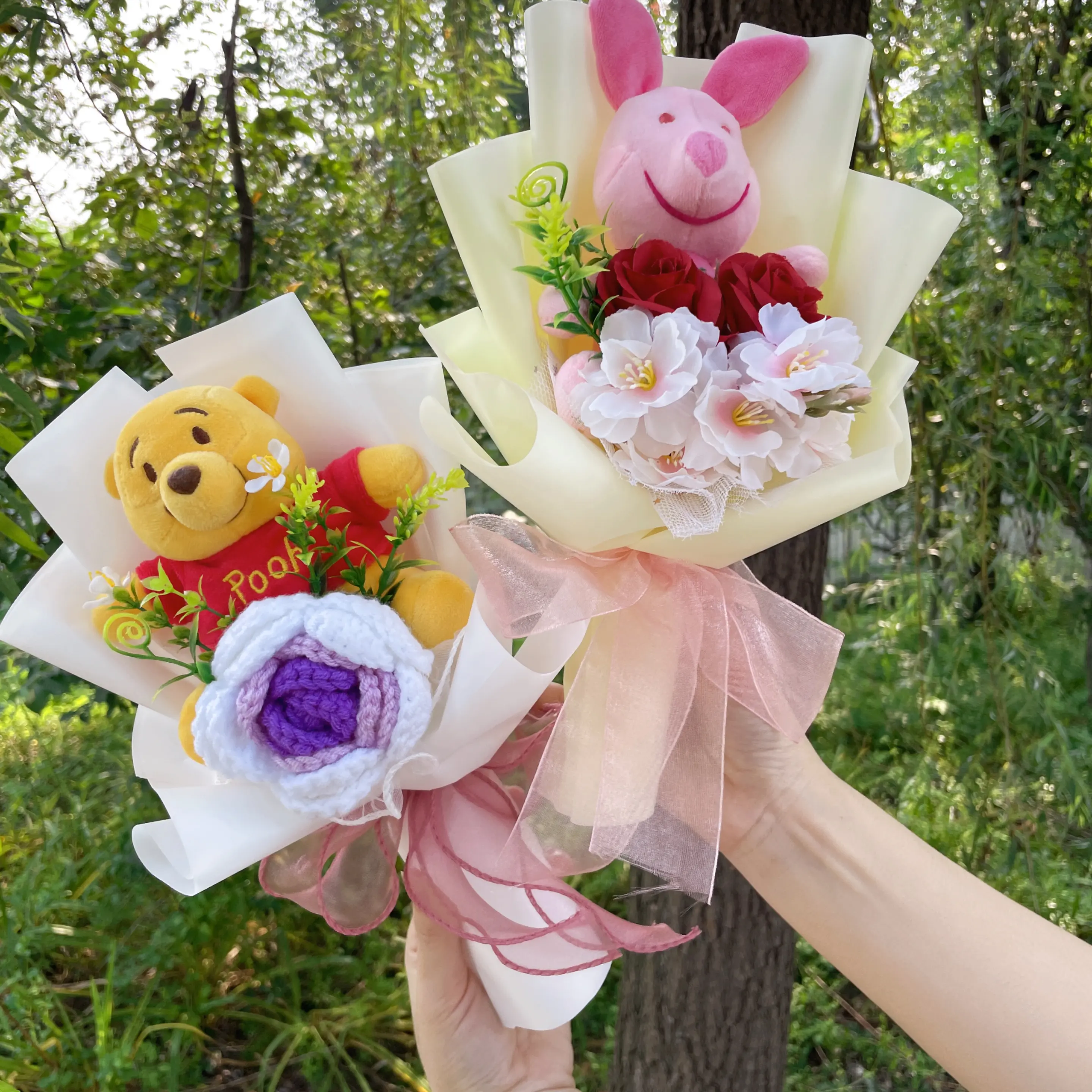 Cartoon Winnie the Pooh Plush Doll Toy Handmade Flower Bouquet Wedding Valentine's Day Christmas Graduation Gifts