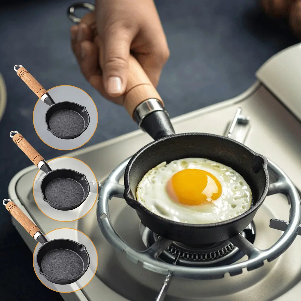 10/13/16 Cm Cast Iron Mini Skillet with Wooden Handle Cook Pan with Double Drip-Spouts Pancake Pan Non-Stick for Kitchen Home